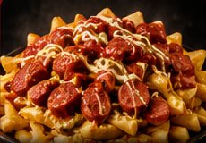 Salchipapa con chorizo y salsas