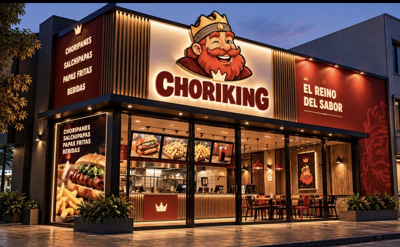 Fachada de un local CHORIKING al atardecer, con el Rey Vikingo en el letrero